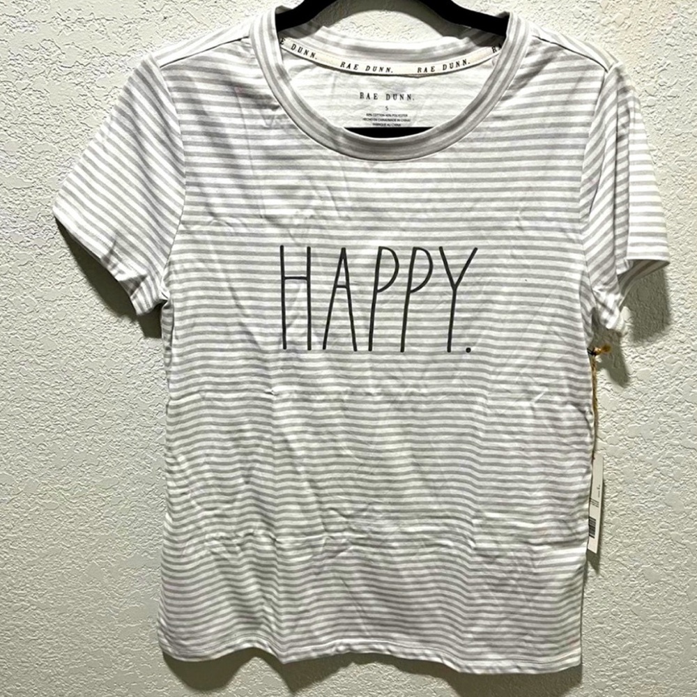 Rae Dunn NWT Happy Graphic Print Gray Striped Top